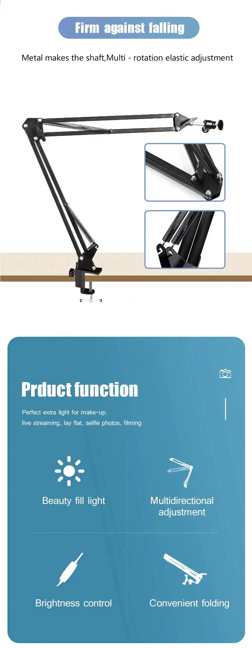 LED-fotografielamp, selfieverlichting, conferentieverlichting, fotostudiolamp met schaararm, standaard voor Zoom, YouTube-livestreaming