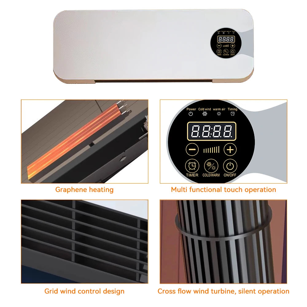 Home Touch Screen Electric Fan Heater With Remote Control Supports Air Cold Air Dual Adjustment Wall Mounted Low-Noise