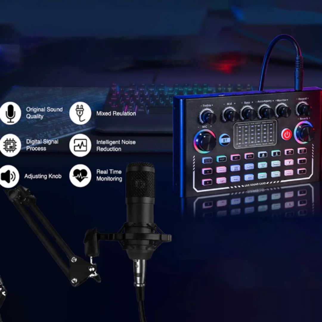 Professional Microphone & Sound Card Set for Streaming & Recording
